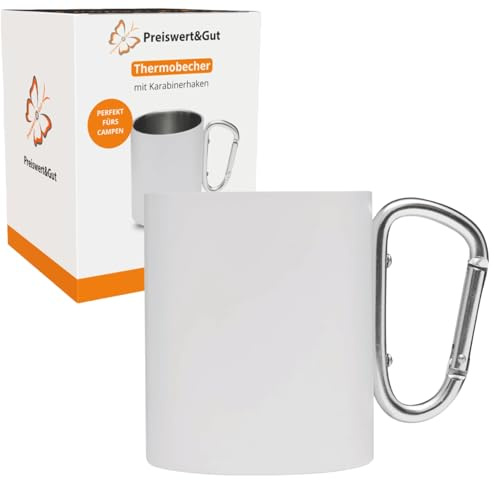 Preiswert & Gut Thermo Trinkbecher aus Edelstahl für Kaffee to go – 300 ml, doppelwandig, ideal für Camping und unterwegs, Becher mit Karabinerhaken – elegantes Design in Weiß/Silber (Weiß)