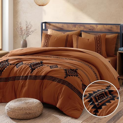 MaiRêve Embroidery Comforter Set, Boho Farmhouse Western Bedding Set, All Season Bed in A Bag Comforter Set with Sheets, Pillowcases & Shams, Burnt Orange King 7 Pieces
