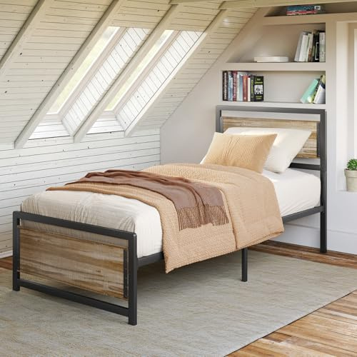 Bealife Plattformbett 90 x 200 cm, Metallrahmenbett 35 cm hoch, Bett mit Holz- und Metallrahmenunterstützung, geräuscharm, robust (Grau, 90x200cm)