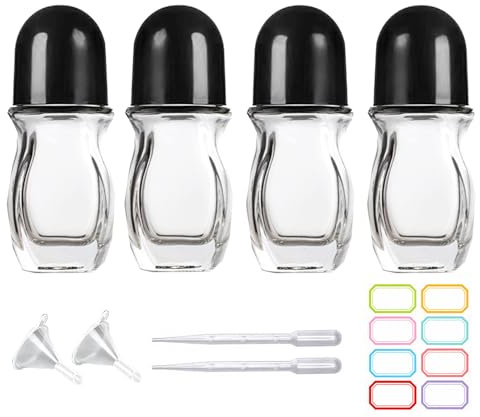 PYAWI 4 PCS 30ml Deodorant Glass Roller Bottles - 1oz Essential Oil With Plastic Ball Black Cap - Empty Refillable Massage Roll On Containers