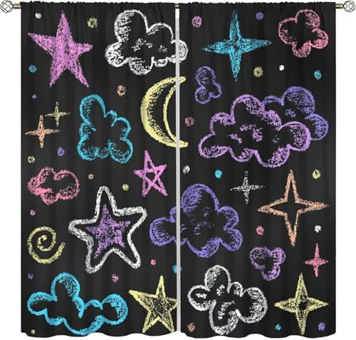 Lärmschutzvorhang Ösen Kinderzimmer Junge Verdunkelungsvorhang Blickdichter Gardinen 3D Hd Druck Farbe Mond Wolken Sterne Muster 2Er Set 300 (B) X 280 (H) cm Vorhänge Schlafzimmer Fenst 9426351706841