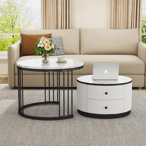 RanRan Elegantes 2-teiliges, weißes Couchtisch-Set in Nestform, 60x60x45.5cm & 50x50x32cm, runde Tische mit hochglänzender Marmoroptik, 2 Schubladen, Nesting-Kombination Couchtisch (Weiβ+Schwarz)