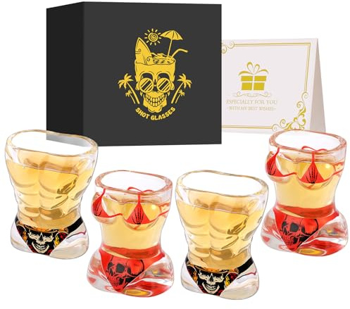 Muscle Man & Bikini - Vasos de chupito de cristal, diseño de calavera con personalidad, juego de 4 con caja de regalo con logotipo, vaso de chupito de base pesada de 30 ml, para chupitos de alcohol,