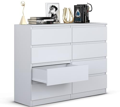 Beneli Kommode Weiß 120x40x97 cm | Schubladenkommode mit 8 Schubladen | Elegantes Sideboard für Wohnzimmer, Flur & Schlafzimmer | Moderne Aufbewahrung
