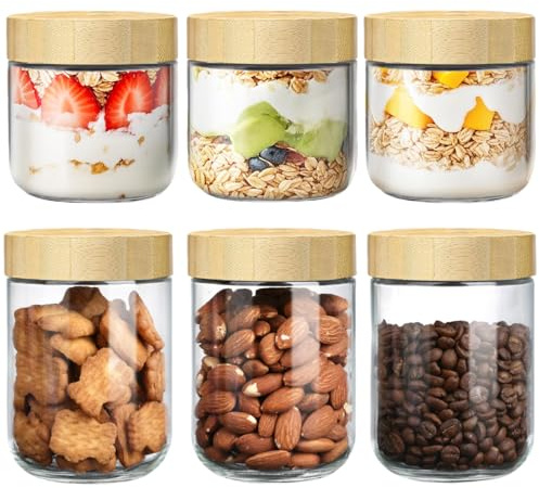 6-Pack Airtight Glass Jars with Lids - 350ml & 500ml Wide Mouth Mason Jars | For Overnight Oats, Spices, Sauces, Cereal, Yogurt, Salad, Coffee, Snacks - Reusable Food Storage Containers (2 Sizes)