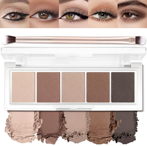 5 Colors Matte Eyeshadow Palette with Brush - Neutral Nude Taupe Dark Brown Eye Shadow Palette Makeup, Natural Waterproof Cool-Toned Eyeshadow for Green & Blue & Brown Eyes and Smokey Makeup, 06#