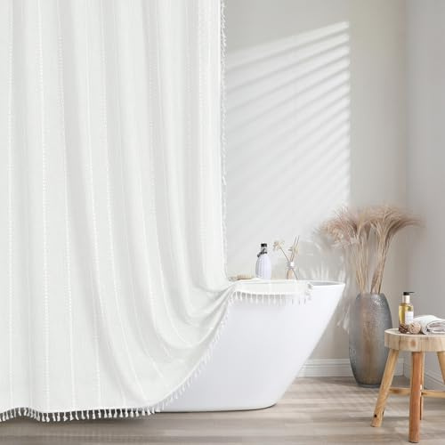 meioro Gestreifter Duschvorhang Boho Bauernhaus Duschvorhänge, Leinen gewebter Stoff Textil Duschvorhang Set mit 12-Haken, Wasserdicht Rustikale Böhmische Duschvorhange für Badezimmer(Weiß,183x244cm)
