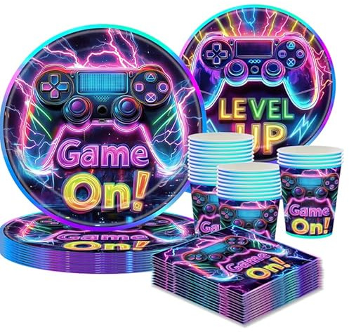 Videospie Partygeschirr Set für 10 Gäste – 10 Teller 9, 10 Teller 7, 10 Tassen, 20 Servietten, Spiel Party Deko Kinder Geburtstag Gamer Mottoparty Jungen Mädchen Videospiel Deko