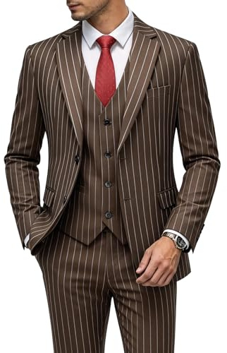 MOGU Mens 3 Piece Pinstripe Suit Slim Fit Double Vents Tuxedo Jacket Vest & Pants Casual Dress Set