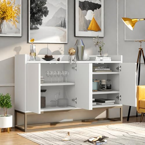 KRYZOR Skänk för vardagsrum, kök med 4 dörrar, vardagsrum, byrå, förvaringsmöbler, design utan handtag, justerbara hyllor, byrå, 30 x 120 x 80 cm (vit)