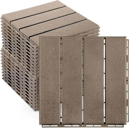 Dalles Terrasse Dalles de terrasse en plastique emboîtables 12 x 12 pouces Dalles de terrasse for patio Revêtement de sol extérieur imperméable Dalles Clipsables Exterieur(32pcs-Light Coffee)