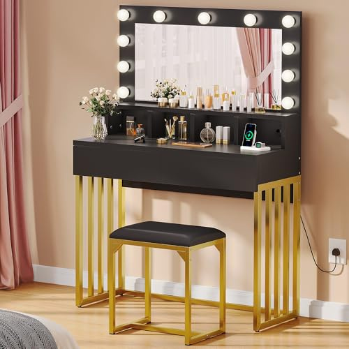 YITAHOME Dressing Table with Mirror and Stool, Vanity Table with 2 Drawers Hollywood LED Lights, Adjustable Brightness Vanity Makeup Table Makeup Desk with Metal Legs Bedroom Dressing Tables, Black