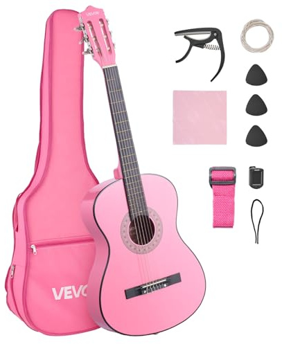 VEVOR Guitare Classique Débutants, 96 cm, avec Cordes Nylon, Housse de Transport, Sangle, Accordeur, Cordes Supplémentaires, Médiators, Capodastre, en Tilleul, pour Adolescent, Adulte, Étudiant, Rose