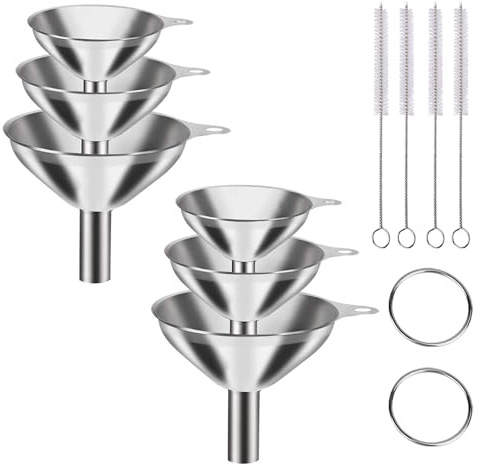 Stainless Steel Funnel - ShiningUU Set of 6 Small Kitchen Funnels in 3 size for Filling Bottles/Jars/Kitchen Use, with 4 Cleaning Brushes, Kitchen Funnel for Liquids, Powders, Oils, Spices, Jam
