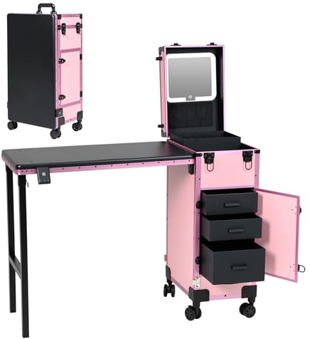 Rolling Portable Manicure Table with 3 Drawers, Lockable Makeup Train Case with Detachable Mirror, Foldable Nail Desk with Wheels & Handle, Mesa de Uñas Profesional para Nail Techs & Salon Use, Pink