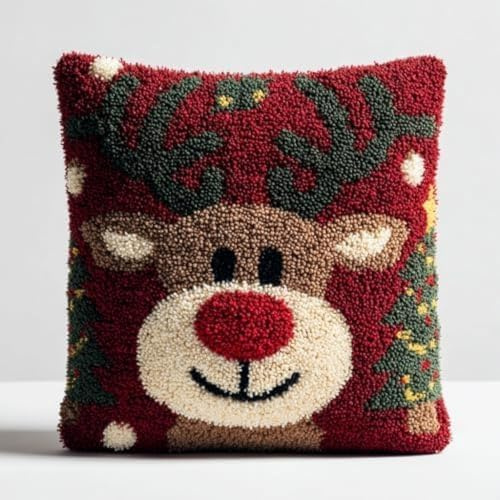 kitphoenix Knüpfset Kissen Weihnachts-Rentier mit weihnachtlichem Hintergrund mit vorgedrucktem Kissenbezug DIY Knüpfset Kissen Häkelgarn Häkelset für Hobby und Heimdekoration 43x43cm-3