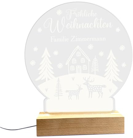Herz & Heim® Personalisierte LED Acrylglas-Lampe zu Weihnachten – Warmweißes Stimmungslicht – Dekolampe mit Holzsockel als Weihnachtsbeleuchtung – Weihnachtsdekoration mit eigenem Text