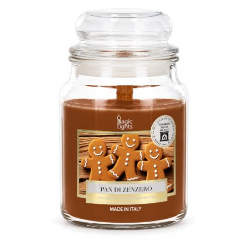 Magic Lights Candela Profumata Pan di Zenzero 510g – 90 Ore – Stoppino in Legno Scoppiettante – Cera Vegetale – Made in Italy – Candela Gourmand Relax Casa