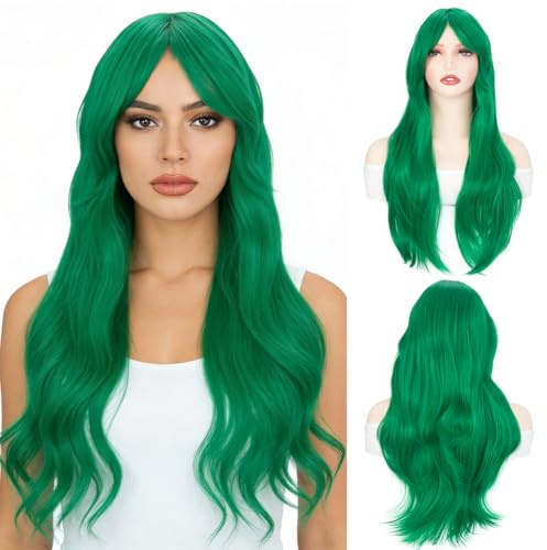PARXITN Damperuk grön peruk med lugg 28 tum/70 cm lång vågig lockig för kvinnor cosplay halloween kostym karneval karneval