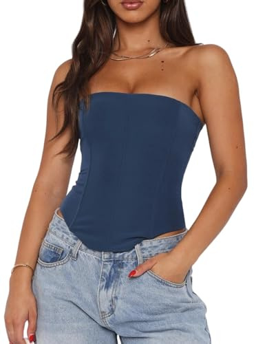Thseonde Women Backless Corset Top Lace Up Stretch Bustier Going Out Tops Strapless Tube Boned Bodyshaper Overbust(Plain Blue,M)