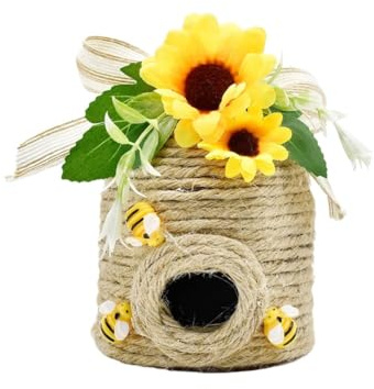 MoSundi Decoración de colmena de abeja para el hogar y el jardín, casa de abeja de cuerda de cáñamo natural con girasol y cinta a cuadros, adorno de jardín rústico hecho a mano, 12 x 10 cm C y C