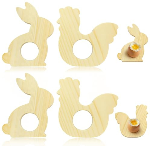 Scinzene Lot de 4 coquetiers en bois de Pâques, mignons lapins de Pâques poussins, porte-œufs, amusants, œufs de Pâques, cadeau de bricolage, décoration de printemps, décoration intérieure, décoration