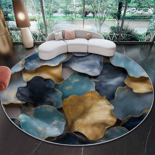 Alfombra Redonda Decorativa y Suave, Abstracto Hojas de Metal Elegante Alfombra Circular Antideslizante para Salón, Dormitorio y Oficina, Vistoso Diseño Moderno para Interior 120 cm