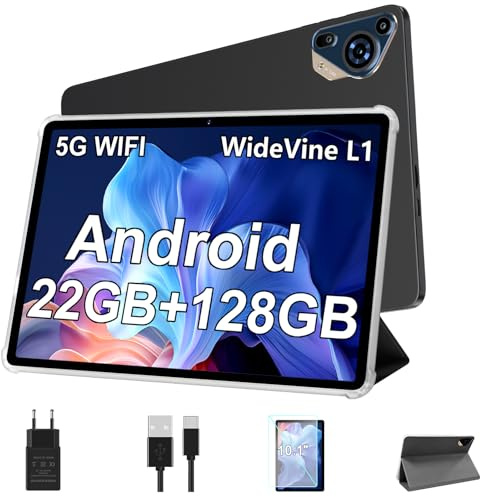 Tablette 10 Pouces Android avec 22Go RAM + 128Go ROM (Extensible jusqu'à 1To), Octa-Core, 8000mAh, Widevine L1, WiFi, GPS, BT 5.0, Corps métallique, Tablette Tactile avec étui de protection, Gris