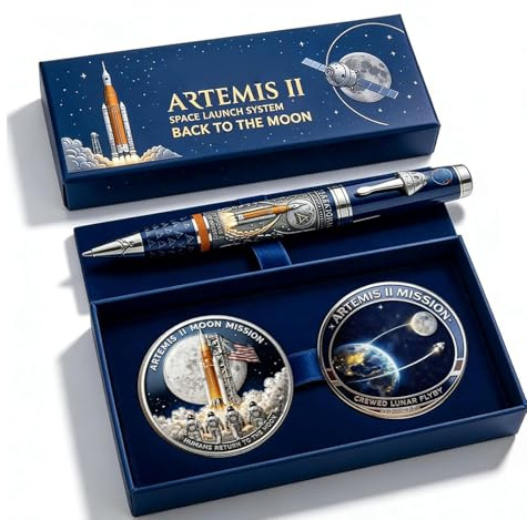 Generico Penna commemorativa della missione Artemis II Ritorno sulla Luna con moneta, penna a sfera a tema astronauta e razzo per appassionati di spazio, uomo, decorazione per scrivanias (03#)