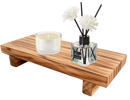 Solvio Wooden Stand for Kitchen Accessories and Home Decor, Farmhouse Wood Riser Display Tray for Bathroom Counter, Small Wooden Plinth Plant Stand, Vintage Decorative Trays