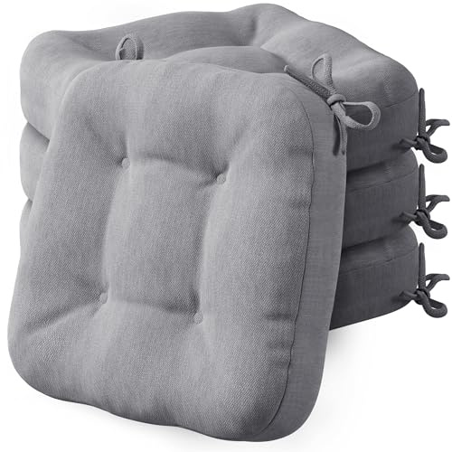 Codi Kitchen Seat Cushions 4 Pack, 8cm Thick Chair Pads For Garden, Grey | Outdoor Water-Resistant Cover, 40×40cm Memory Foam Cushion For Patio And Dining, Machine Washable, Non-Slip, Secure Ties