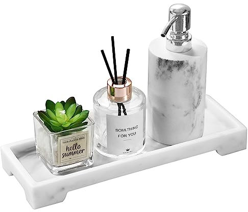 Luxspire Vanity Tray, Bathroom Tray Toilet Tank Storage Tray, Resin Kitchen Sink Trays, Vanity Countertop Organiser for Candles Soap Towel Perfume Holder Jewelry Dish, Marble Style -S- White Marble
