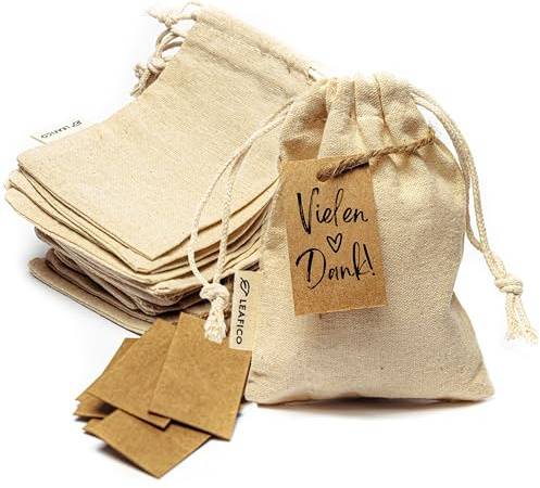 Leafico Wiederverwendbare Baumwollbeutel X-Small 8x10 cm – Stoffsäckchen für Geschenke, Schmuck, Hochzeit, DIY, Kräuter, nachhaltige Aufbewahrung – Musselinbeutel Bio Baumwolle – 25er Pack