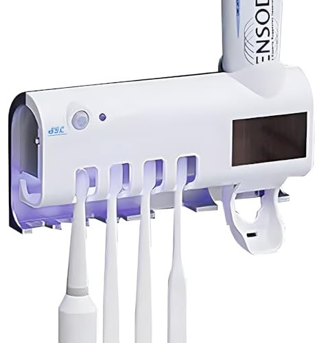 Porta Spazzolini Bagno con Dispenser Dentifricio e Sterilizzatore a Raggi UV, Portaspazzolino con Luce Led e 4 Slot Adatti per Spazzolino Elettrico e Normale Sia Adulti che Bambini (Colore Bianco)
