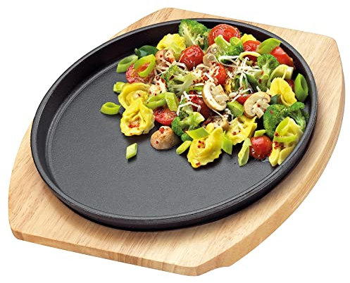 Küchenprofi BBQ Servierpfanne Gusseisen auf Holzbrett, rund, 26x27x3,5cm, Grillpfanne Gusseisen für Gemüse, Fisch, Fleisch für jeden Grill, multifunktional: Garen, Warmhalten und Servieren, 0305301024