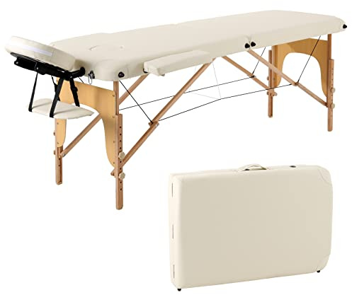 Panana 2 Sections Portable Massage Bed Wooden Legs Adjustable Height Folding Tattoo Table (Beige)