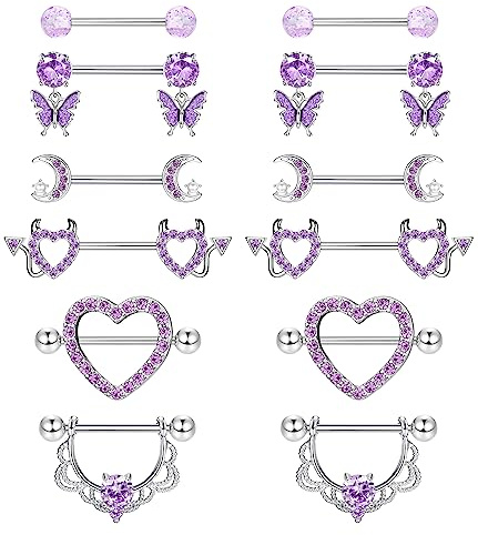 CASSIECA 6 Paires 14G Piercing Téton pour Femme en Acier Chirurgical - Coeur CZ, Papillon, Langue, Mamelon Rose - Barbell Bijoux
