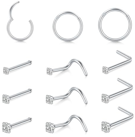AceFun piercing nez,Argent piercing nez anneau 20G piercing nez acier chirurgical anneaux nasaux Hoop pour femmes hommes pavés CZ 2MM 2.5MM 3MM bijoux piercing nez vis en forme de L