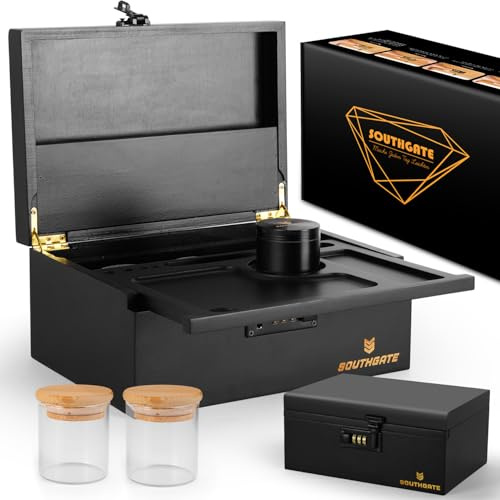 SOUTHGATE Premium Geschenk Set, Abschließbare Bambus-Box, Aufbewahrungsbox mit abnehmbarem Tablett(25 * 17 * 11 CM, Schwarz)