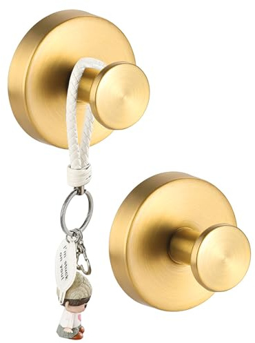 Anvin 2 Pack Stainless Steel Hanging Hooks, Gold, Suction Mount, Minimalist Design, Holds Up to 11 lbs, Ideal for Bathroom, Kitchen, Living Room