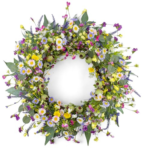 Yawwind 22 Inches Spring Wreaths for Front Door Rustic Spring Floral Wreath Summer Door Wreaths Wildflower Wreath with Lavender Daisy for Indoors Windows Porch Wall Outside