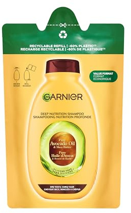 Garnier Eco-Larica Ultra Dulce Aceite de Aguacate Puro y Manteca de Karité Champú Eco de Carga Super Nutritivo Cabello Seco, Pelo Ondulado y Rizado, 250 ml