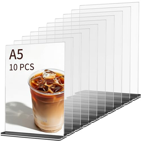 JEUIHAU 10 Pack A5 Acrylic Sign Holder, Double Sided Perspex Display Stand Poster Menu Holder with Base for Restaurant Store Hotel Office Wedding Events