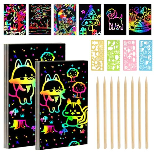 20 PcsScratch Art for Kids Adults, DIY Rainbow Scratch Cards, Magic Scratch Paper Painting with 8 WoodScratch Art Tools & 4 Painting Boards, for DIY Arts and Crafts Christmas Birthday Gifts