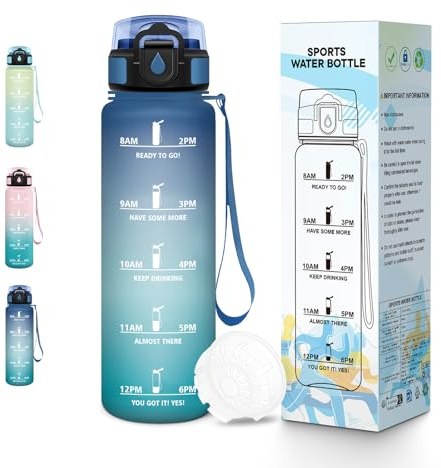 Baramumu Gourde, 500ML Sans BPA, Gourde Enfant, Conception de Verrouillage Anti-Fuite, Bouteille, Avec Horodatage, Bouteille Eau pour École, Yoga, En cours d'exécution, Aire de Jeux - Bleu&vert