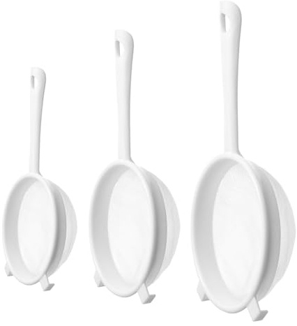 3-Piece Plastic Sieve Set, Mesh Strainer with Handle Nylon Mesh Strainers,White Kitchen Colander and Plastic Strainer Spoon for Scooping Noodles Dumplings Vegetables Small Food Sifter