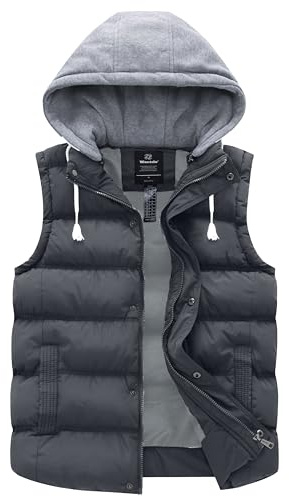 Wantdo Chalecos de Pluma Antiviento Abrigo sin Manga Cremallera Chalecos Cálido Portátil para Exteriores Chaleco de Algodón Invierno Hombres Gris S
