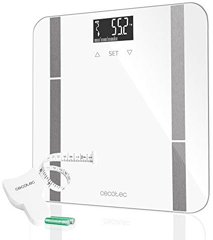 Cecotec Bilancia da Bagno Digitale Surface Precision 9400 Full Healthy. Alta precisione, Piattaforma in Vetro temperato di sicurezza, Schermo LCD, Capacità massima di 180kg, Metro a nastro