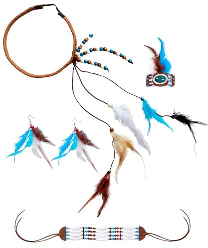 W WIDMANN MILANO Party Fashion - Feder Schmuckset für Kostüme | Mit Stirnband, Halsband, Armband und Ohrringen, mit Federn und Schmuckstein, Kostümaccessoire für Western und Festival