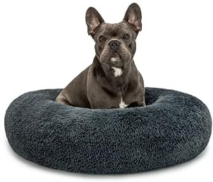 lionto Donutbett für Hunde und Katzen, Flauschiges Hundebett rund für kleine und große Heimtiere, Ø 70 cm, weiches Katzenbett aus kuscheligem Plüsch, Hundekissen mit extra Dicker Füllung, dunkelgrau